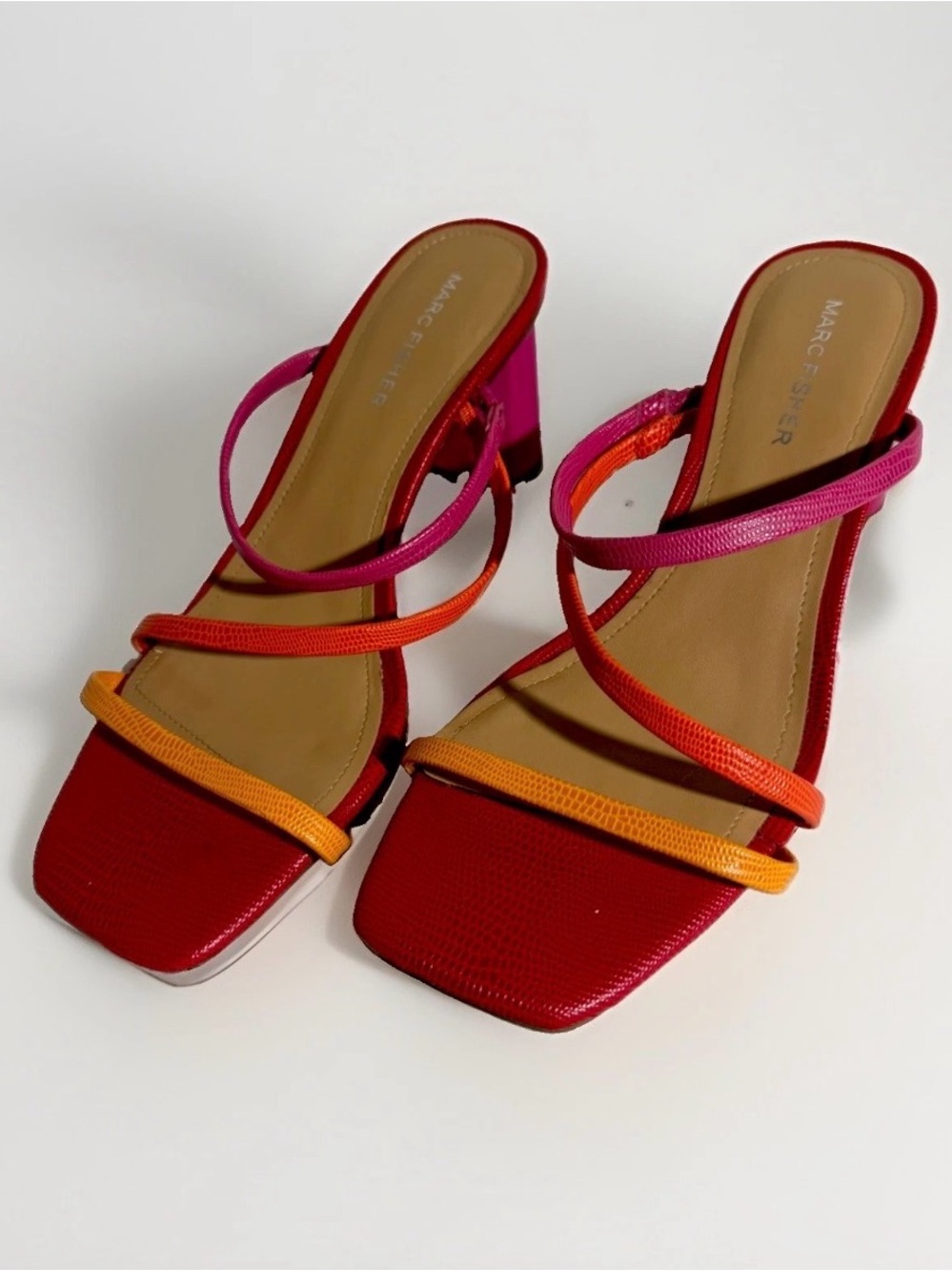 Marc Fisher Red Block Heel Sandals with Pink and Orange Straps